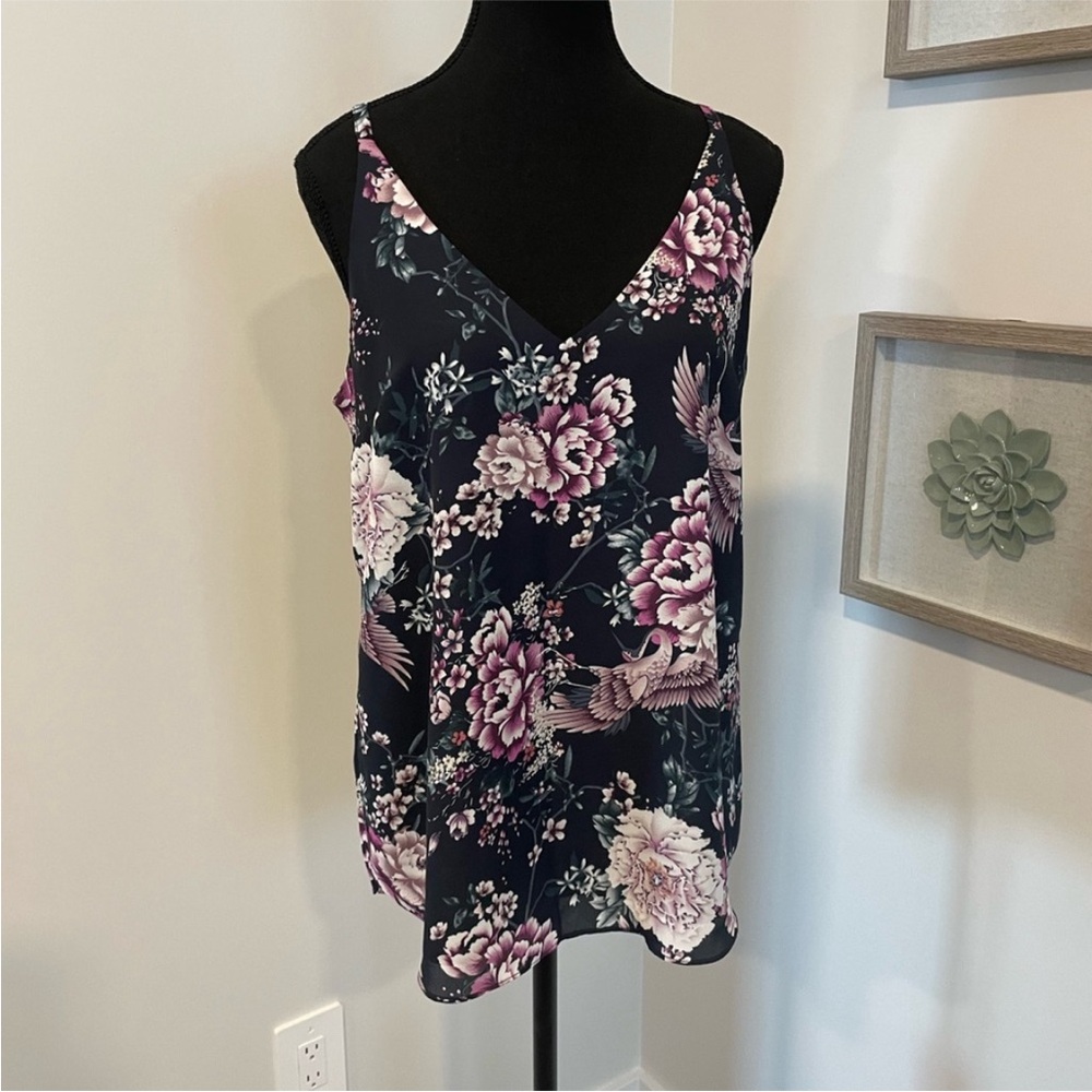 Bootlegger Kismet Blue & Pink Floral With Herons Strappy Blouse EUC